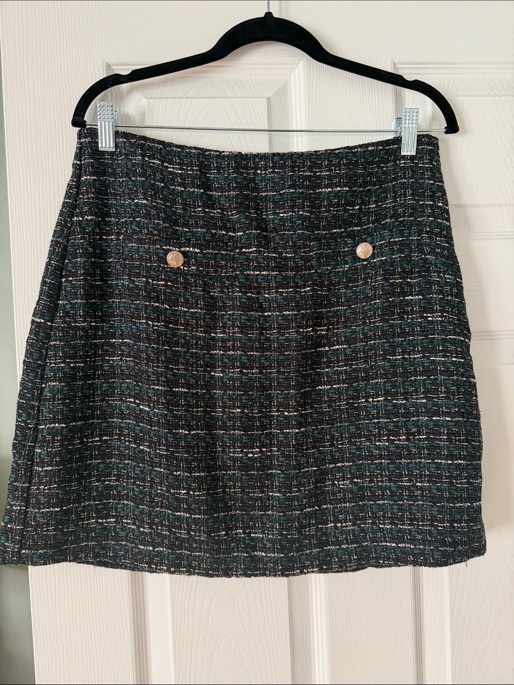 LOFT Black Multi Tweed Mini Skirt with Gold Buttons